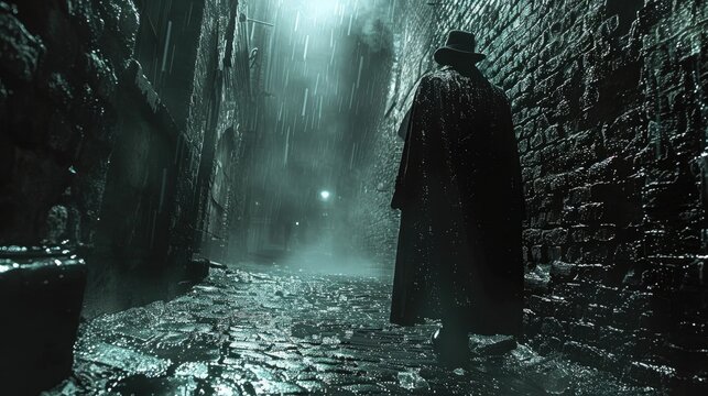 A dark and mysterious figure stands in a dimly lit alleyway