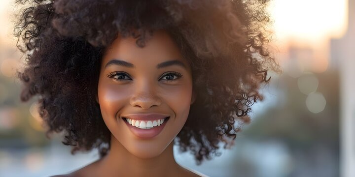 Smiling black woman with afro hairstyle against urban backdrop. Concept Fashion, Urban, Street Style, Afro Hairstyle, Smiling Portrait