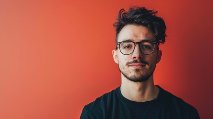 Fototapeta premium A man with glasses and a beard is standing in front of a red wall