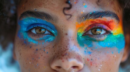 A close-up of a person's face their eyes filled with determination and pride reflecting the strength and solidarity of the LGBTQ community
