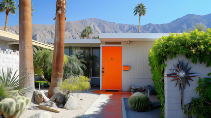 Retro MCM architecture of Palm Springs white house orange bright front entrance door midcentury modern 50s  summer desert real estate mountain home suburb landscape palm tree agave cactus path garden 