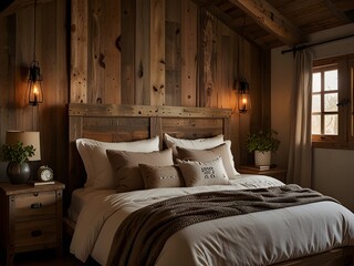 Cozy bedroom featuring rustic furniture and warm lighting, generative AI