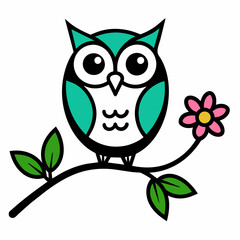 Vector branch flower owl line art illustration