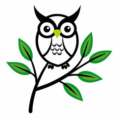 Vector branch flower owl line art illustration