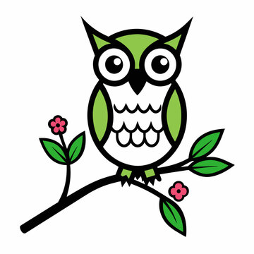recommend clip art: Vector branch flower owl line art illustration