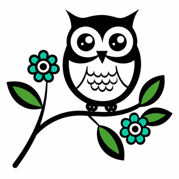 recommend clip art: Vector branch flower owl line art illustration