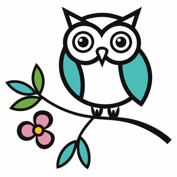 recommend clip art: Vector branch flower owl line art illustration