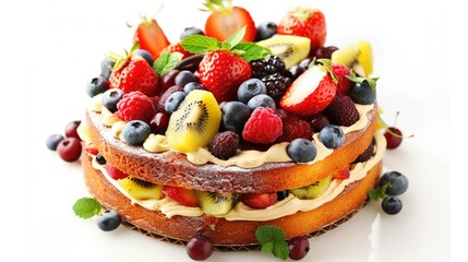 Fruit sponge cake on a white background