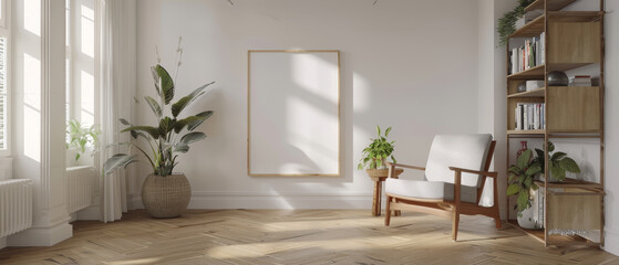 Living room with white empty wall mockup, wooden floor, book shelf, armchair, and window, modern minimalist style,  suitable for displaying artwork