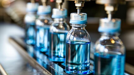 Clear blue liquid bottling process in factory setting