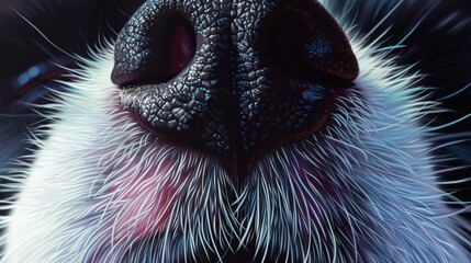 Close-up of a colorful cat's nose and whiskers with detailed texture