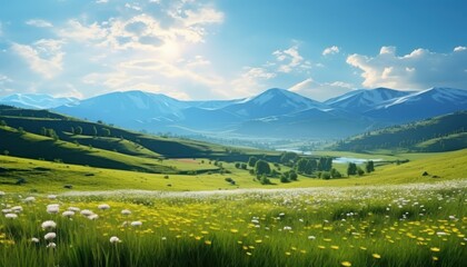 A stunning spring day landscaping views of fertile land surrounded beautiful green vegetation, wide stretches of hills and mountains with clear skies in spring