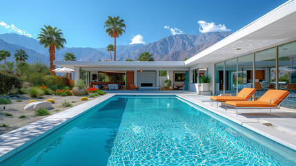 Retro MCM architecture of Palm Springs white house backyard lounge chair in daytime sunny summer rmidcentury modern 50s desert real estate mountain home suburb landscape cactus agave pool sand garden 