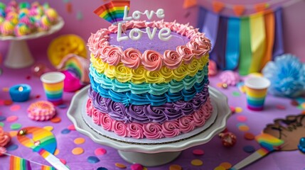 A rainbow-colored cake with "Love is Love" written in icing surrounded by rainbow flags and party decorations symbolizing the celebration of LGBTQ rights