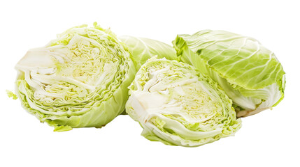 A cabbage cut in half, showcasing its fresh green leaves and internal layers, isolated on a plain white background