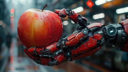 Futuristic Robotic Hand Holding Vibrant Red Apple in High-Tech Environment