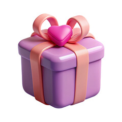 A 3D cartoon illustration of a purple gift box wrapped with pink ribbon and a heart-shaped bow on top, conveying a sense of celebration, surprise, and joy.