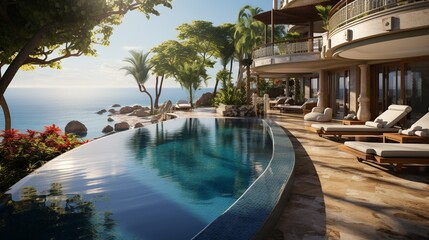 Fototapeta premium A pool background with a luxurious infinity pool overlooking the ocean, surrounded by sun loungers and cabanas, creating a high-end resort atmosphere.