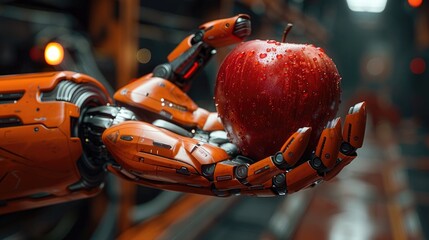 Futuristic Robotic Hand Holding Vibrant Red Apple in High-Tech Environment