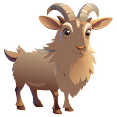 A cheerful cartoon goat with big eyes, curved horns, a fluffy coat, and a smiling face, standing confidently on its legs, radiating a playful and lively attitude