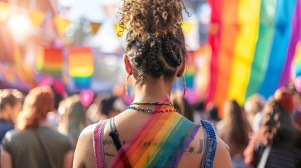 Obraz premium Pride equality inclusion reflected in a diverse crowd attending a cultural festival with rainbow banners