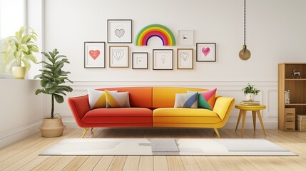 Inclusive Scandinavian Pride: Modern Living Room with Curved Loveseat Sofa, LGBTQ Symbols, and Rainbow Accent Against White Wall