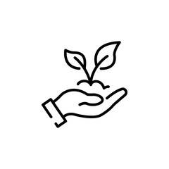 Plant in hand line icon. Hand holding plant with leaves vector outline sign.