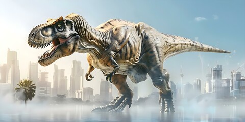 A Tyrannosaurus Rex appears in a city blending past and present. Concept Jurassic Cityscape, Dinosaur Invasion, Time Travel, Urban Wildlife, Prehistoric Roar