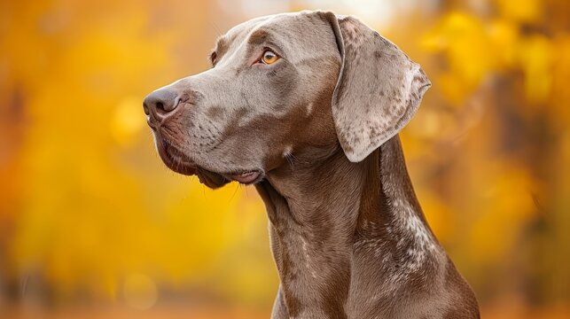  A tight shot of a dog's expression, gazing at a tree with vivid yellow leaves in the foreground The background is composed of a soft blur of yellow foliage