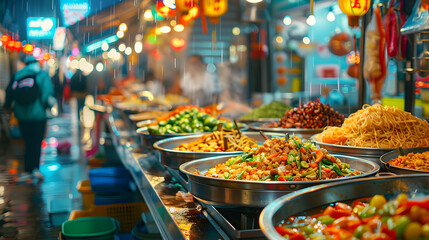 Vibrant Street Food Market: High Resolution Image Capturing the Bustling Atmosphere of Colorful Stalls, Perfect for Food Tours   Photo Realistic Concept