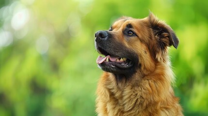 Obraz premium A dog's face in tight focus, background of trees and leaves softly blurred