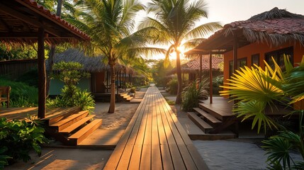 A tranquil tropical resort walkway lined with palm trees and lush greenery, leading to charming wooden bungalows at sunset. - Powered by Adobe