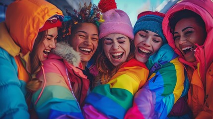 Fototapeta premium Pride unity love illustrated by a group of friends wearing pride-themed clothing huddled together and laughing joyfully Keywords: friendship joy laughter pride clothing