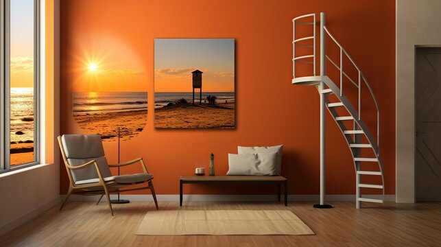 A stunning California beach sunset background with the silhouette of a lifeguard tower, casting a long shadow on the sand as the sun dips below the horizon.