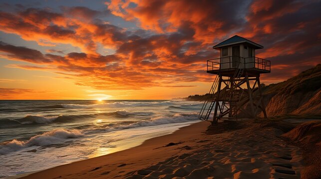 A stunning California beach sunset background with the silhouette of a lifeguard tower, casting a long shadow on the sand as the sun dips below the horizon.