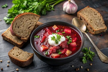Traditional Ukrainian and Russian borscht in a stylish ceramic plate with herbs, sour cream and garlic. Beetroot borscht with parsley, coriander and bacon with black bread.