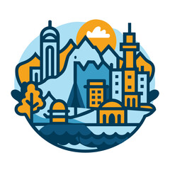 Stylized Cityscape with Buildings, Mountains, and a Sun