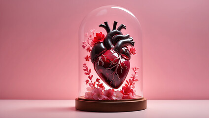 A glass display case containing a glowing anatomical heart model sits against a pink background. The case is decorated with small red flowers