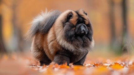 Obraz premium A brown-black dog atop a leaf pile in a lush, green field Nearby, a forest of yellow and orange trees sheds brown leaves