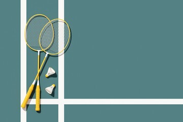 Badminton sport equipment's, bright yellow rackets and shuttlecocks on dark court. 3d illustration, render. Top view, copy space. Sport background for postcard, flyer, poster.