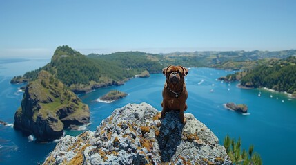  A brown dog sits atop a rock by a body of water Small boats dot the surface, and a green island lies in the water's center - Powered by Adobe