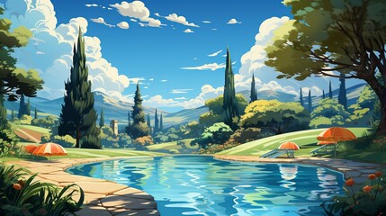 A pool background with children having fun on a water slide, inflatable pool toys, and parents relaxing under umbrellas, perfect for a summer vacation theme.