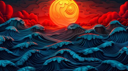 Surreal red moonrise over stylized ocean waves