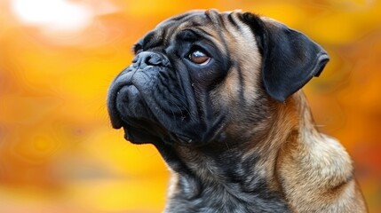 Fototapeta premium A tight shot of a pug's face with an out-of-focus backdrop of oranges and yellows on either side of its eye