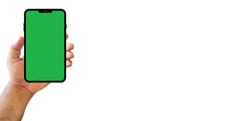 mobile phone in man’s hand. Hand holds smartphone. Blank green screen. Touch finger. Modern flat...