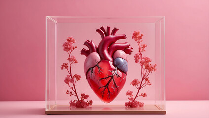 A glass display case containing a glowing anatomical heart model sits against a pink background. The case is decorated with small red flowers