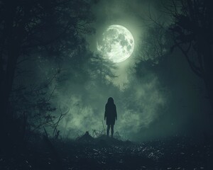 A person with goosebumps standing in a dark, eerie forest under a full moon,