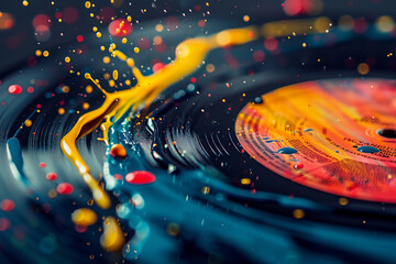 Design an abstract close-up shot of a classic vinyl record, with colorful paint drops falling onto its grooves, creating a blend of music and art