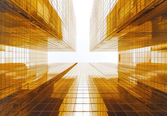 Abstract view of tall buildings made from golden metal mesh