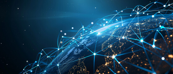 Earth with illuminated connection lines on a digital data background, showcasing global network and internet technology communication in realism